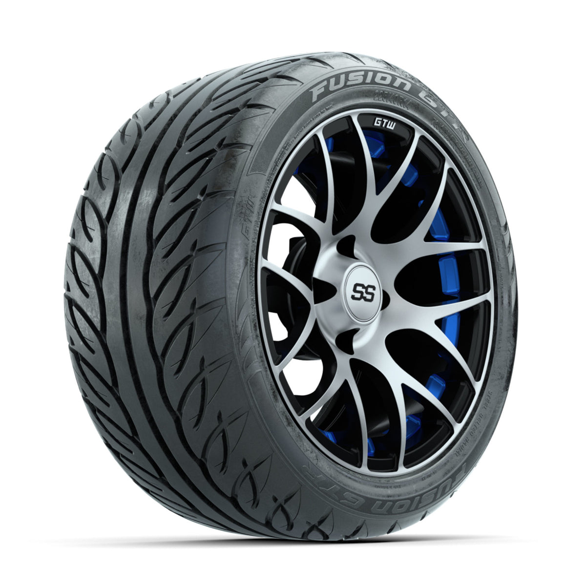 GTW Pursuit Machined/Blue 14 in Wheels with 225/40-R14 Fusion GTR Street Tires ‚Äì Full Set