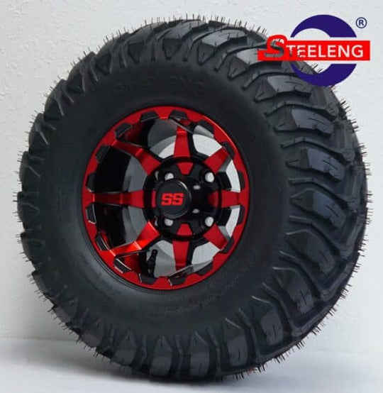 SGC 10" Vortex Red/Black Wheel - Aluminum Alloy / STEELENG 22"x10.5"-12" STINGER All Terrain Tire DOT approved Tires Combo - Set of 4