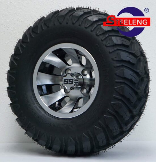 SGC 10" Revolver Machined/Black Wheel - Aluminum Alloy / STEELENG 22"x10.5"-10" Mud Terrain Tires Combo - Set of 4