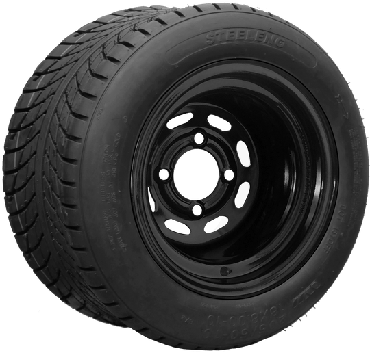 SGC 10" Steel Wheel - Black - Slotted / STEELENG 205/50-10 Low Profile Tire DOT Approved Tires Combo - Set of 4