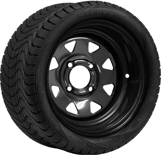 SGC 12" Steel Wheel - Black - Slotted / STEELENG 215/40-12 Low Profile Tire DOT Approved Tires Combo - Set of 4