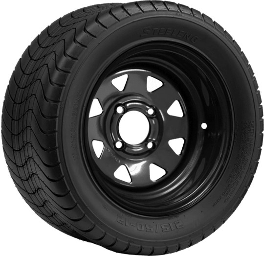 SGC 12" Steel Wheel - Black - Slotted / STEELENG 215/50-12 Comfort Ride Street Tire DOT Approved Tires Combo - Set of 4