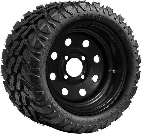 SGC 12" Steel Wheel - Black - 8 Holes / STEELENG 20"x10"-12" Mud Terrain Tire Tires Combo - Set of 4