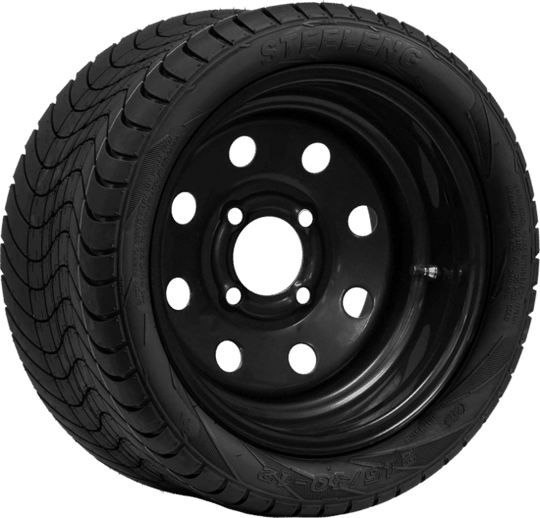 SGC 12" Steel Wheel - Black - 8 Holes / STEELENG 215/40-12 Low Profile Tire DOT Approved Tires Combo - Set of 4