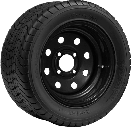 SGC 12" Steel Wheel - Black - 8 Holes / STEELENG 215/50-12 Comfort Ride Street Tire DOT Approved Tires Combo - Set of 4