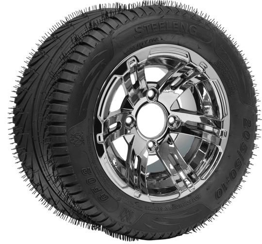 SGC 10" Bulldog Chrome Wheel - Aluminum Alloy / STEELENG 205/50-10 QH Low Profile Tire DOT Approved Tires Combo - Set of 4