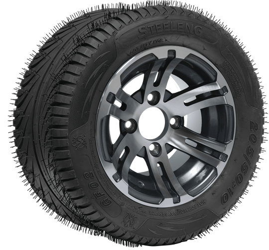 SGC 10" Bulldog Machined/Gunmetal Wheel - Aluminum Alloy / STEELENG 205/50-10 QH Low Profile Tire DOT Approved Tires Combo - Set of 4