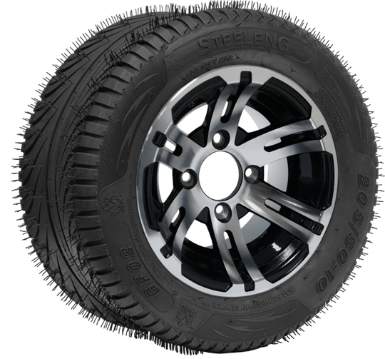 SGC 10" Bulldog Machined/Black Wheel - Aluminum Alloy / STEELENG 205/50-10 QH Low Profile Tire DOT Approved Tires Combo - Set of 4