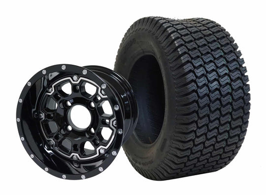 SGC 10" Panther Glossy Black Wheel - Aluminum Alloy / STEELENG 20"x8"-10" Turf Tire Tires Combo - Set of 4