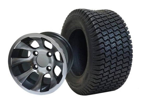 SGC 10" Revolver Machined/Gunmetal Wheel - Aluminum Alloy / STEELENG 20"x8"-10" Turf Tire Tires Combo - Set of 4