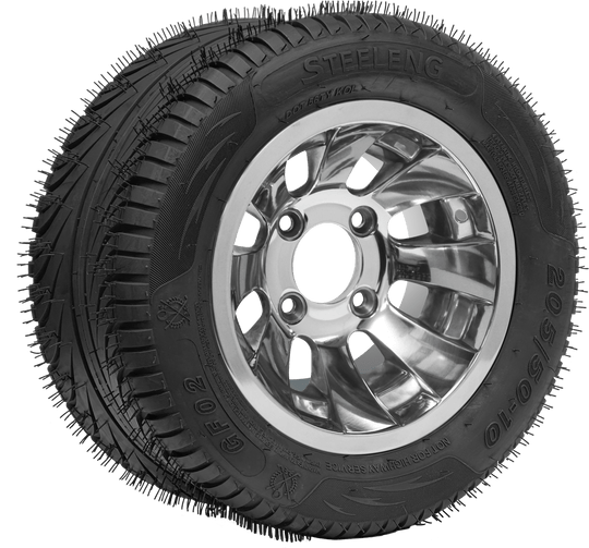 SGC 10" Silver Bullet Wheel - Polished Aluminum Alloy / STEELENG 205/50-10 QH Low Profile Tire DOT Approved Tires Combo - Set of 4