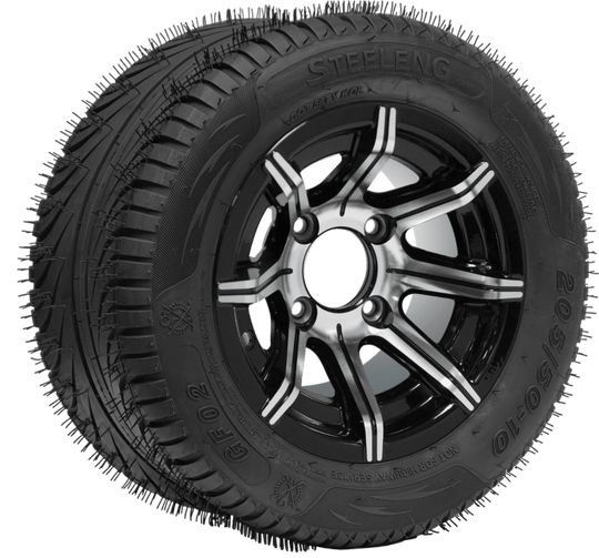 SGC 10" Spider Machined/Black Wheel - Aluminum Alloy / STEELENG 205/50-10 QH Low Profile Tire DOT Approved Tires Combo - Set of 4