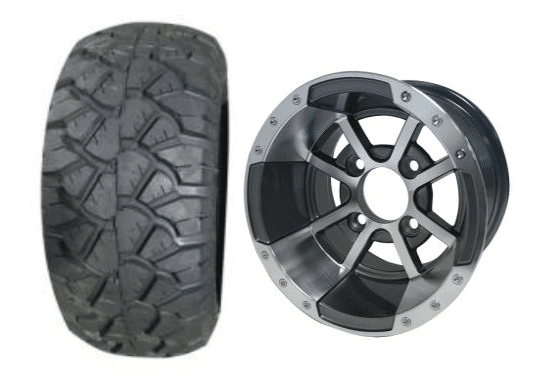 SGC 10" Storm Trooper Machined/Gunmetal Wheel - Aluminum Alloy / STEELENG 18"x9"-10" STINGER All Terrain Tire DOT approved Tires Combo - Set of 4