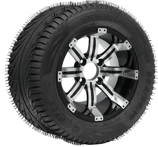 SGC 10" Tempest Machined/Black Wheel - Aluminum Alloy / STEELENG 205/50-10 QH Low Profile Tire DOT Approved Tires Combo - Set of 4
