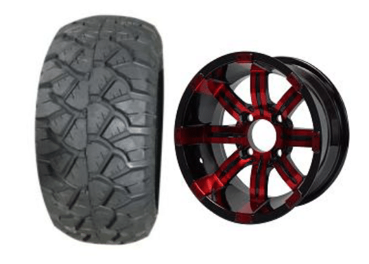 SGC 10" Tempest Red/Black Wheel - Aluminum Alloy / STEELENG 18"x9"-10" STINGER All Terrain Tire DOT approved Tires Combo - Set of 4