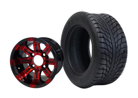 SGC 10" Tempest Red/Black Wheel - Aluminum Alloy / STEELENG 205/50-10 Low Profile Tire DOT Approved Tires Combo - Set of 4