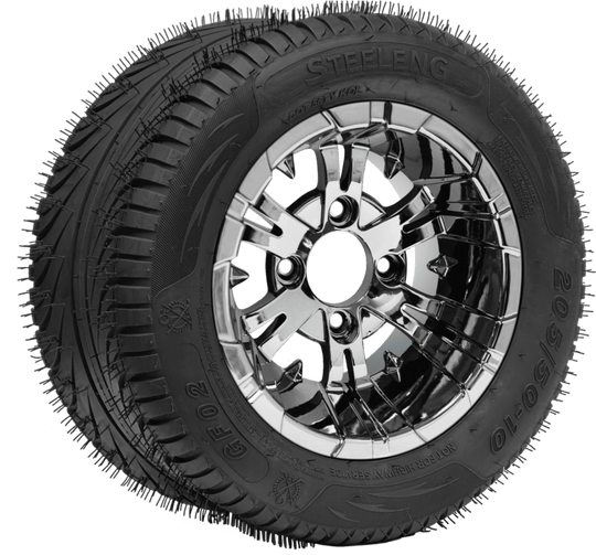 SGC 10" Vampire Chrome Wheel - Aluminum Alloy / STEELENG 205/50-10 QH Low Profile Tire DOT Approved Tires Combo - Set of 4