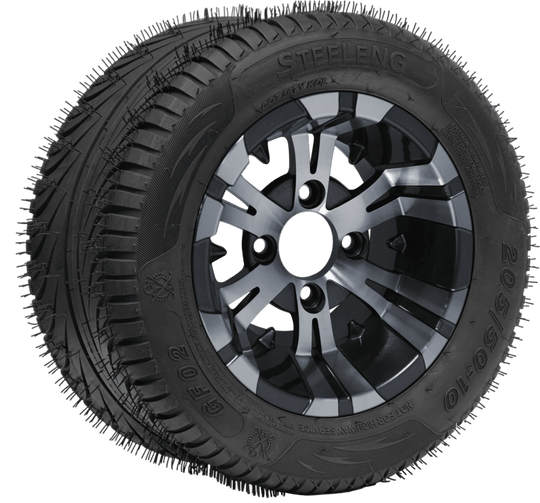 SGC 10" Vampire Machined/Gunmetal Wheel - Aluminum Alloy / STEELENG 205/50-10 QH Low Profile Tire DOT Approved Tires Combo - Set of 4