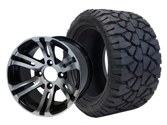 SGC 12" Bulldog Machined/Black Wheel - Aluminum Alloy / STEELENG 22"x10.5"-12" STINGER All Terrain Tire DOT approved Tires Combo - Set of 4