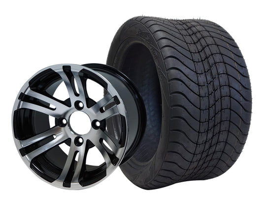 SGC 12" Bulldog Machined/Black Wheel - Aluminum Alloy / STEELENG 215/40-12 Low Profile Tire DOT Approved Tires Combo - Set of 4