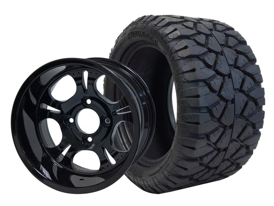 SGC 12" Darkside Glossy Black Wheel - Aluminum Alloy / STEELENG 20"x10"-12" STINGER All Terrain Tire DOT approved Tires Combo - Set of 4