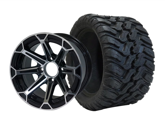 SGC 12" Fang Machined/Black Wheel - Aluminum Alloy / STEELENG 20"x10"-12" Mud Terrain Tire Tires Combo - Set of 4