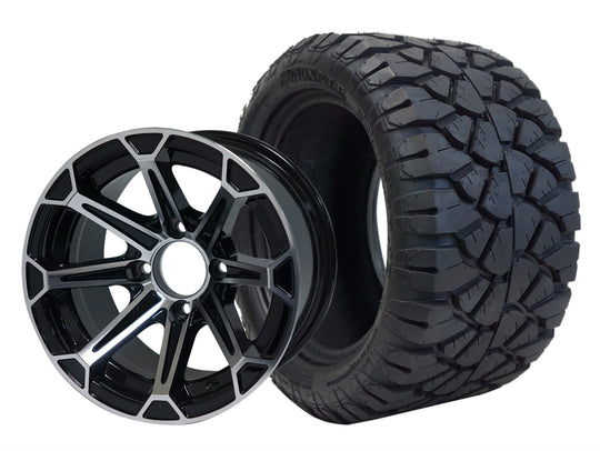 SGC 12" Fang Machined/Black Wheel - Aluminum Alloy / STEELENG 22"x10.5"-12" STINGER All Terrain Tire DOT approved Tires Combo - Set of 4
