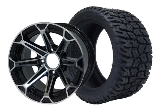 SGC 12" Fang Machined/Black Wheel - Aluminum Alloy / STEELENG 215/40-12 GATOR Hybrid Low Profile / All Terrain Tire DOT Approved Tires Combo - Set of 4