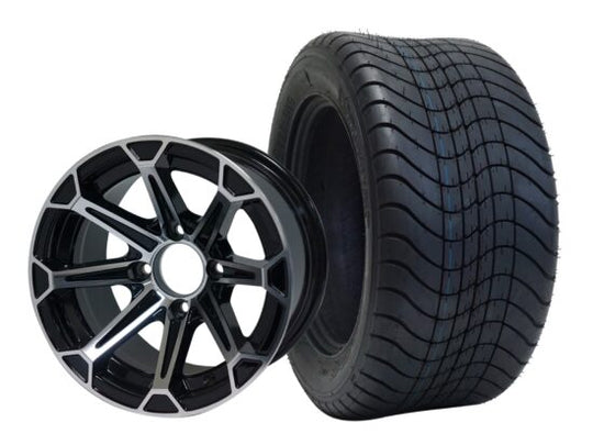 SGC 12" Fang Machined/Black Wheel - Aluminum Alloy / STEELENG 215/50-12 Comfort Ride Street Tire DOT Approved Tires Combo - Set of 4