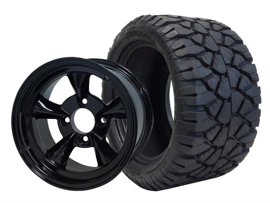 SGC 12" God Father Glossy Black Wheel - Aluminum Alloy / STEELENG 22"x10.5"-12" STINGER All Terrain Tire DOT approved Tires Combo - Set of 4