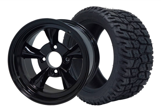 SGC 12" God Father Glossy Black Wheel - Aluminum Alloy / STEELENG 215/40-12 GATOR Hybrid Low Profile / All Terrain Tire DOT Approved Tires Combo - Set of 4