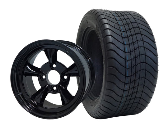 SGC 12" God Father Glossy Black Wheel - Aluminum Alloy / STEELENG 215/50-12 Comfort Ride Street Tire DOT Approved Tires Combo - Set of 4