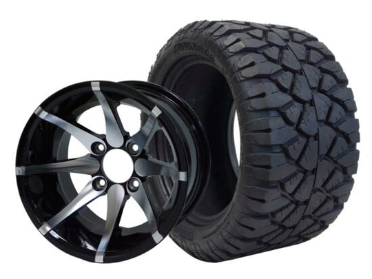 SGC 12" Kraken Machined/Black Wheel - Aluminum Alloy / STEELENG 22"x10.5"-12" STINGER All Terrain Tire DOT approved Tires Combo - Set of 4