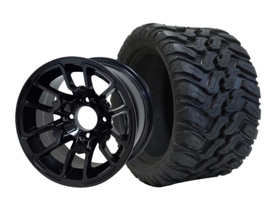 SGC 12" Lizard Glossy Black Wheel - Aluminum Alloy / STEELENG 20"x10"-12" Mud Terrain Tire Tires Combo - Set of 4