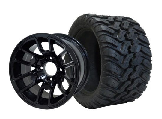 SGC 12" Lizard Glossy Black Wheel - Aluminum Alloy / STEELENG 20"x10"-12" Mud Terrain Tire Tires Combo - Set of 4