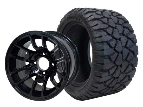 SGC 12" Lizard Glossy Black Wheel - Aluminum Alloy / STEELENG 20"x10"-12" STINGER All Terrain Tire DOT approved Tires Combo - Set of 4