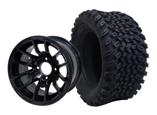 SGC 12" Lizard Glossy Black Wheel - Aluminum Alloy / STEELENG 23"x10.5"-12" All Terrain Tire Tires Combo - Set of 4