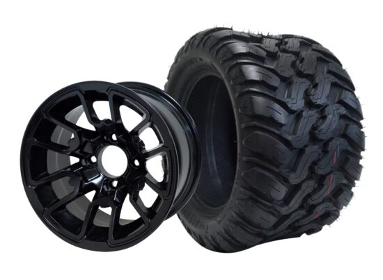 SGC 12" Lizard Glossy Black Wheel - Aluminum Alloy / STEELENG 22"x11"-12" Mud Terrain / All Terrain Tire DOT Approved Tires Combo - Set of 4