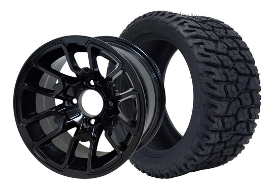 SGC 12" Lizard Glossy Black Wheel - Aluminum Alloy / STEELENG 215/40-12 GATOR Hybrid Low Profile / All Terrain Tire DOT Approved Tires Combo - Set of 4