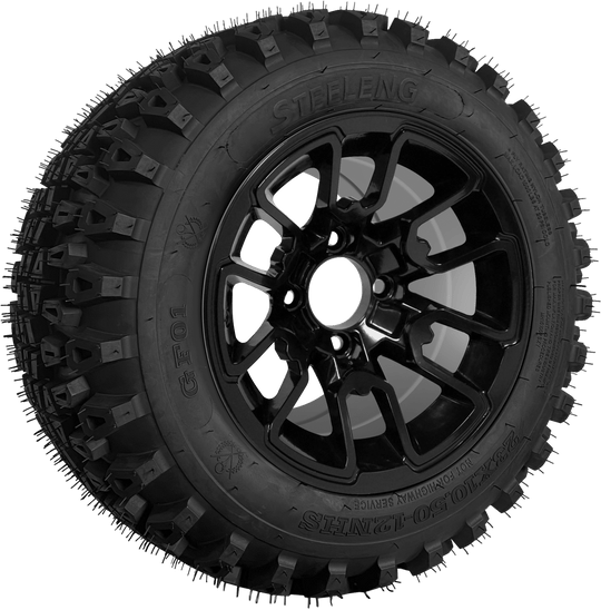 SGC 12" Lizard Glossy Black Wheel - Aluminum Alloy / STEELENG 23"x10.5"-12" QH All Terrain Tire Tires Combo - Set of 4
