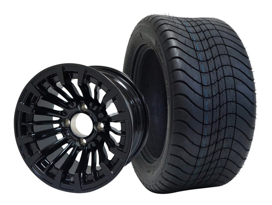 SGC 12" Matador Glossy Black Wheel - Aluminum Alloy / STEELENG 215/50-12 Comfort Ride Street Tire DOT Approved Tires Combo - Set of 4