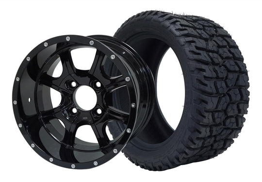 SGC 12" Night Stalker Glossy Black Wheel - Aluminum Alloy / STEELENG 215/40-12 GATOR Hybrid Low Profile / All Terrain Tire DOT Approved Tires Combo - Set of 4