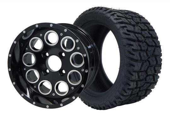 SGC 12" Pioneer Glossy Black Wheel - Aluminum Alloy / STEELENG 215/40-12 GATOR Hybrid Low Profile / All Terrain Tire DOT Approved Tires Combo - Set of 4