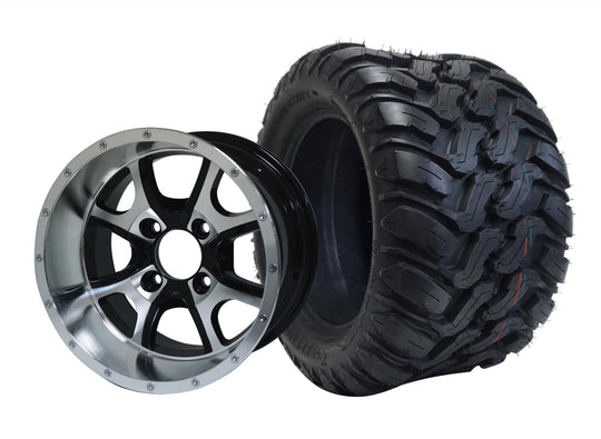 SGC 12" Predator Machined/Black Wheel - Aluminum Alloy / STEELENG 22"x11"-12" Mud Terrain / All Terrain Tire DOT Approved Tires Combo - Set of 4
