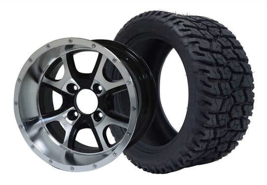 SGC 12" Predator Machined/Black Wheel - Aluminum Alloy / STEELENG 215/40-12 GATOR Hybrid Low Profile / All Terrain Tire DOT Approved Tires Combo - Set of 4