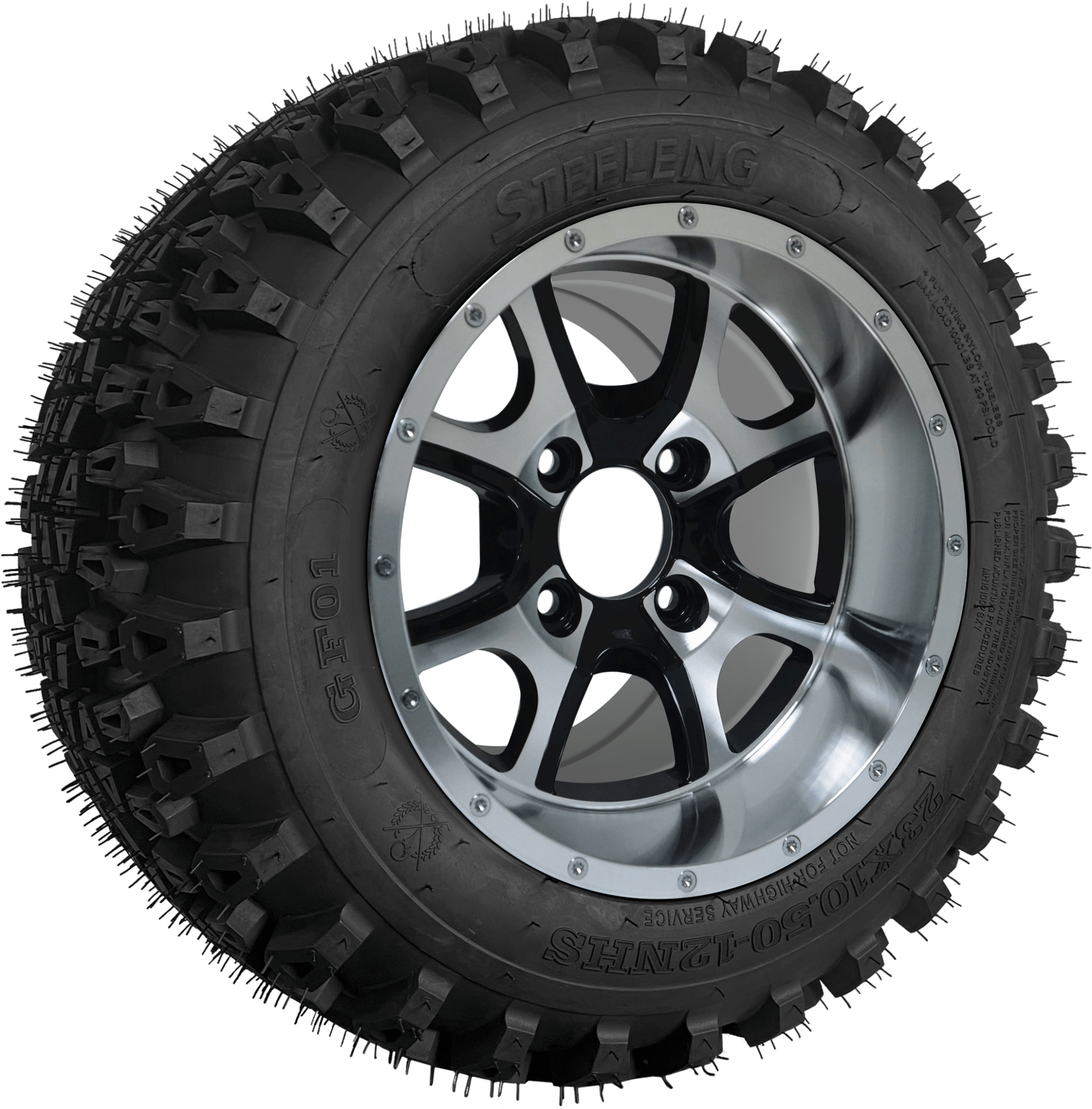 SGC 12" Predator Machined/Black Wheel - Aluminum Alloy / STEELENG 23"x10.5"-12" QH All Terrain Tire Tires Combo - Set of 4