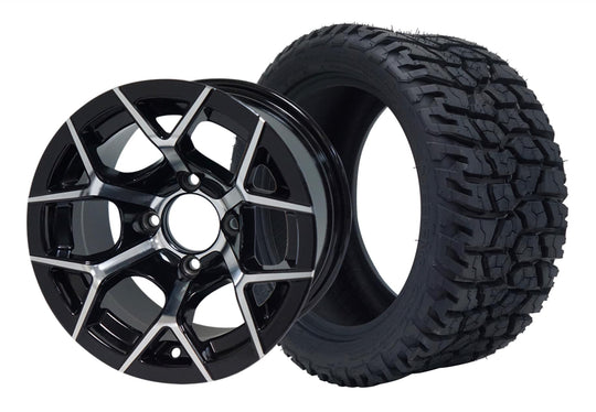 SGC 12" Rally Machined/Black Wheel - Aluminum Alloy / STEELENG 215/40-12 GATOR Hybrid Low Profile / All Terrain Tire DOT Approved Tires Combo - Set of 4