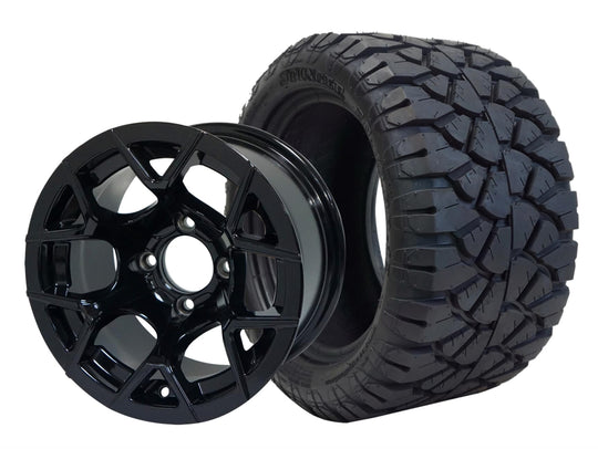SGC 12" Rally Glossy Black Wheel - Aluminum Alloy / STEELENG 22"x10.5"-12" STINGER All Terrain Tire DOT approved Tires Combo - Set of 4