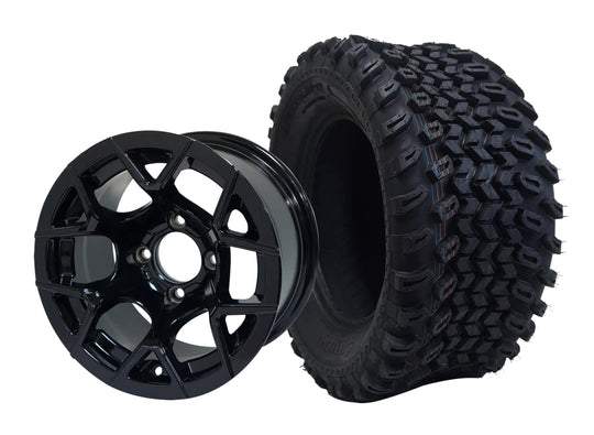 SGC 12" Rally Glossy Black Wheel - Aluminum Alloy / STEELENG 23"x10.5"-12" All Terrain Tire Tires Combo - Set of 4