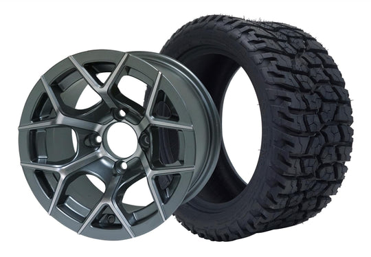 SGC 12" Rally Machined/Gunmetal Wheel - Aluminum Alloy / STEELENG 215/40-12 GATOR Hybrid Low Profile / All Terrain Tire DOT Approved Tires Combo - Set of 4